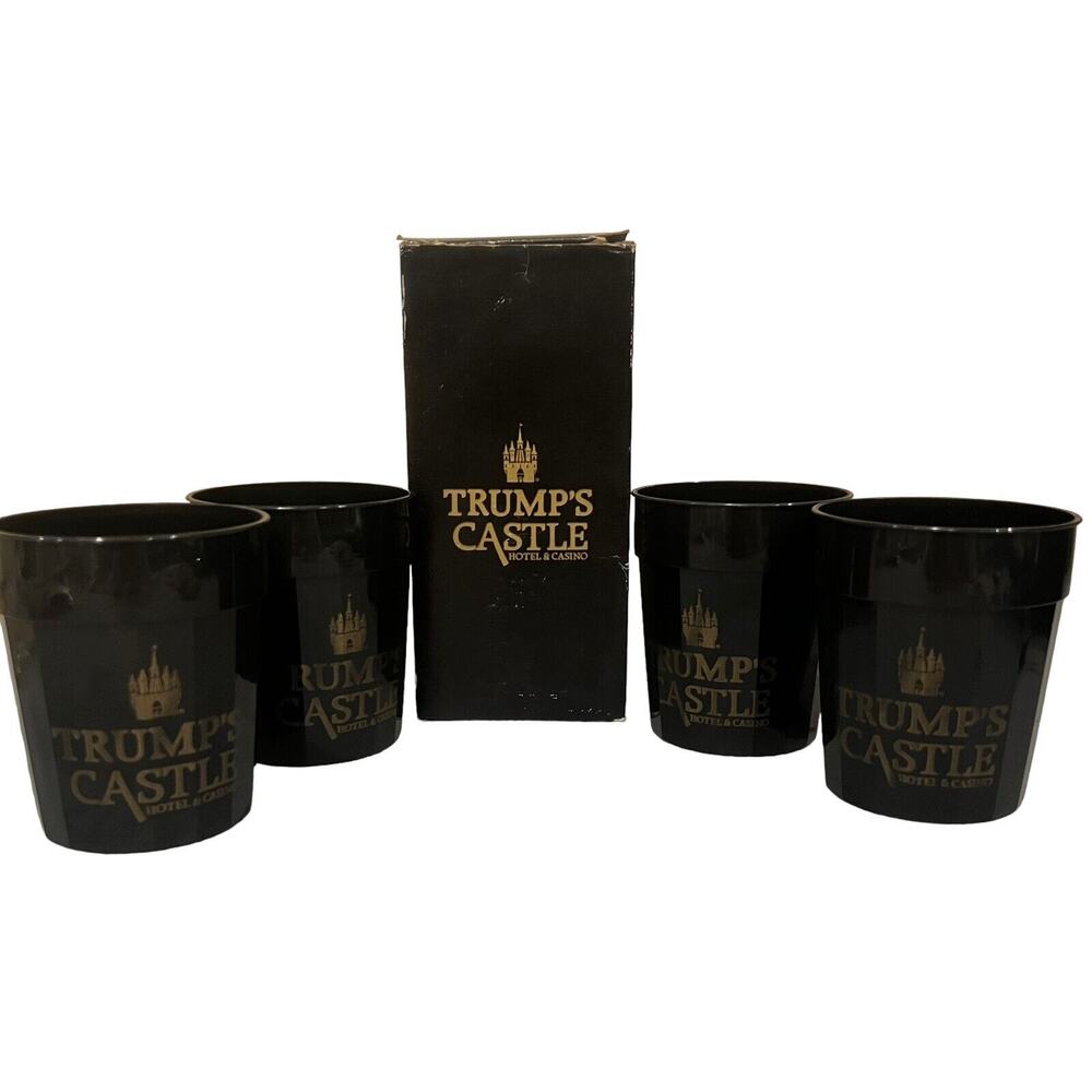 Vintage Donald Trump Trump's Castle Hotel Casino Black Plastic Cups Set Of 4